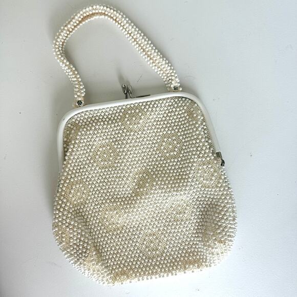 Cordé Bead Vintage Evening Bag White Beaded Purse Kiss Lock Floral Bridal